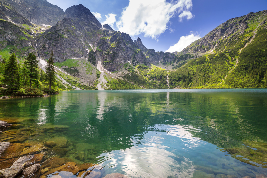Beautiful scenery of Tatra mountains and lake in Poland